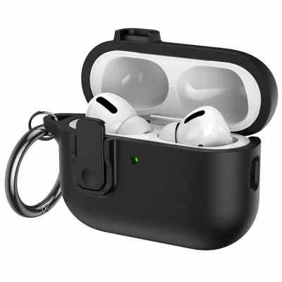Hülle für AirPods Pro 3, Ohrhörer, TPU Kunstleder-Textur, sicherer Verschluss mit Metallring – Schwarz