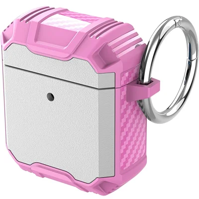 For Apple AirPods with Charging Case (2016)(2019)/AirPods with Wireless Charging Case (2019) Anti-drop Earbuds Protective Case Earphone Cover with Key Ring - White/Pink