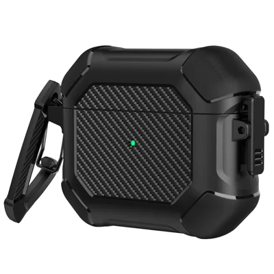 For Apple AirPods 3 Carbon Fiber Pattern Protective Case Portable Bluetooth-compatible Earbuds Soft TPU+PC Cover with Buckle - Black