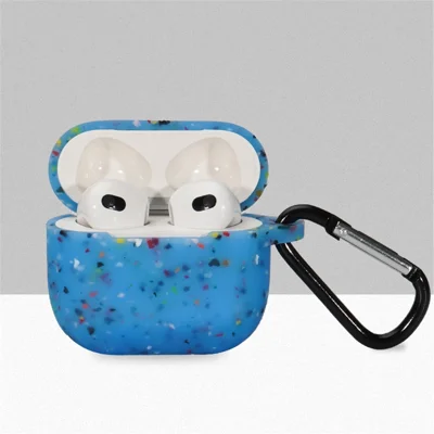 For Apple Airpods 3 Flower Pattern Silicone Case Bluetooth-compatible Earbuds Protective Cover with Anti-loss Carabiner - Blue