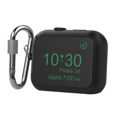 AHASTYLE PT104 For Apple AirPods Pro 2 Silicone Case Digital Clock Display Design Bluetooth-compatible Earphone Anti-drop Cover with Carabiner - Black