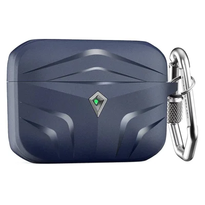 AHASTYLE PT140 For Apple AirPods Pro 2 / AirPods Pro Earphone TPU Case Rhombus Two-Piece Design Anti-fall Earbud Cover with Carabiner - Midnight Blue