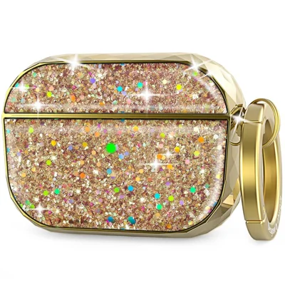 AHASTYLE PT119-PRO for Apple AirPods Pro Earphone Case Two-Piece Design Shiny Glitter Earbud Anti-drop Cover with Carabiner - Gold