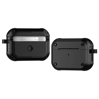 For Apple AirPods Pro Dual-color PC+TPU Earphone Shockproof Case Earbud Charging Box Anti-drop Cover with Carabiner - Black