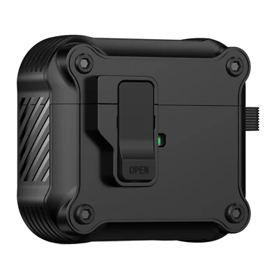 Protective Case for Apple AirPods 3 Case TWS Earbuds TPU+PC Cover with Auto Opening Lock and Carabiner - Black
