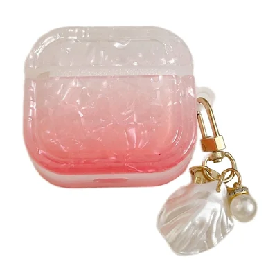 For Apple AirPods 3 Full Protective Cover Gradient Shell Grain Earphone Square TPU Case with Shell Shape Pendant - Red