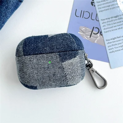 For Apple AirPods Pro Splicing Denim Bluetooth-compatible Earphone Cover Protective Case with Metal Hook - Style B