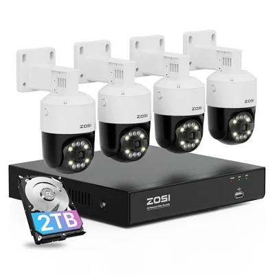 ZOSI 4K 8CH PoE NVR Security Camera System 4Pcs 8MP Outdoor Auto Tracking PT Cameras with Floodlight Two-Way Audio, 2TB HDD - UK Plug