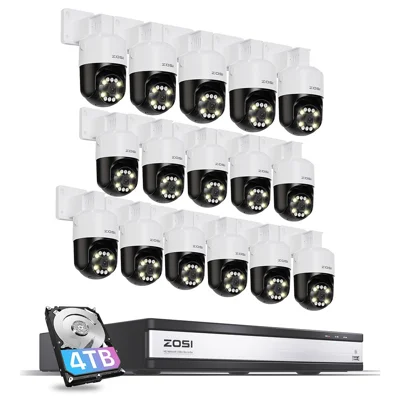 ZOSI C296 16Pcs 5MP 3K Outdoor Auto Tracking PoE Cameras 5x Digital Zoom 16CH 8MP NVR with 4TB HDD - US Plug