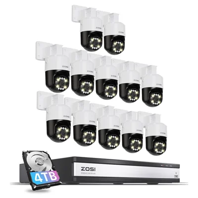 ZOSI C296 16-kanals 8 MP NVR 4 TB harddisk, AI-genkendelse af mennesker og køretøjer, 12x 8 MP 4K Pan/Tilt PoE-kameraer – US-stik