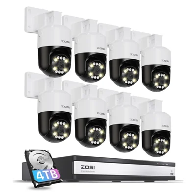 ZOSI C296 8 stk. 8 MP 4K udendørs automatisk afsporing af AI-mennesker og køretøjsdetektion PT PoE-kameraer + 16-kanals NVR med 4 TB harddisk – US-stik