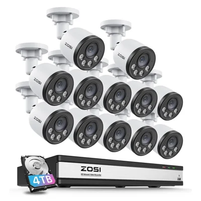 ZOSI 12 stk. indendørs/udendørs smarte overvågningskameraer med menneskegenkendelse, nattevision, 4MP vejrfast PoE IP-kameraer + 16-kanals 4K NVR med 4 TB harddisk – US-stik