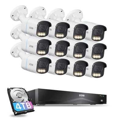 ZOSI 12Pcs 3K C186 Aurora Lux Night Vision Person Vehicle Detection PoE Cameras + 4K 8MP 16CH NVR with 4TB HDD - US Plug