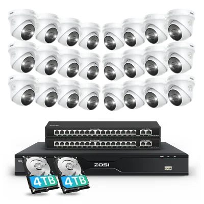 ZOSI 24 stk. ansigt- og køretøjsdetektion med tovejslyd, 24/7-optagelse, 8 MP PoE-kameraer + 32-kanals 4K NVR med 8 TB harddisk – US-stik