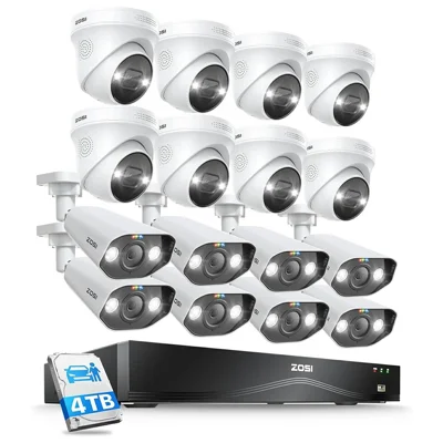 ZOSI 16Pcs AI Human Vehicle Detection Two-Way Audio Night Vision 8MP 4K PoE Outdoor Indoor Cameras + 32CH NVR with 4TB HDD - US Plug