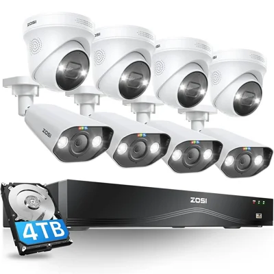 ZOSI 8Pcs Human Vehicle Detection Two-Way Audio Night Vision 8MP 4K PoE Cameras + 16-Port 32CH NVR with 4TB HDD - US Plug