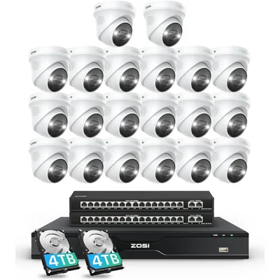ZOSI 20 stk. ansigt- og køretøjsdetektion med 2-vejs lyd 4K PoE spotlight-kameraer + 32-kanals 4K NVR med 8 TB harddisk til 24/7-optagelse – US-stik