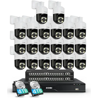 ZOSI 20 stk. Automatisk personfølgende ansigt- og køretøjsdetektion 8 MP PoE-sikkerhedskameraer + 32-kanals 4K NVR med 8 TB harddisk – US-stik