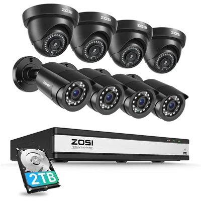ZOSI 8Pcs AI Human Vehicle Detection Night Vision Remote Access 1080P Outdoor Cameras + 16CH DVR with 2TB HDD - US Plug