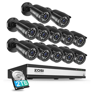 ZOSI 12Pcs AI Human Vehicle Detection Night Vision Wired 1080P Cameras + 16CH DVR with 2TB HDD for 24 / 7 Recording - US Plug
