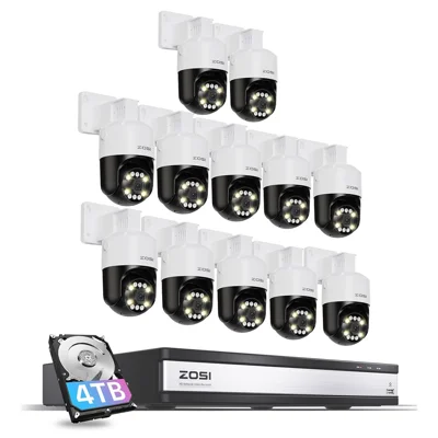 ZOSI C296 12Pcs 5MP 3K Outdoor Auto Tracking Two-way Audio PoE Cameras 16CH 8MP NVR with 4TB HDD - US Plug
