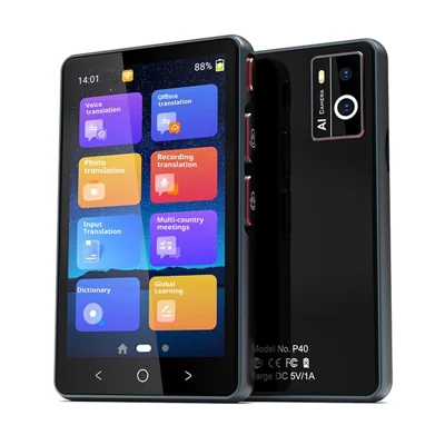 P40 Smart Voice Offline Translator Multilingual Translation Device with MP3 Player Multi-Functional for Travel Study - Black