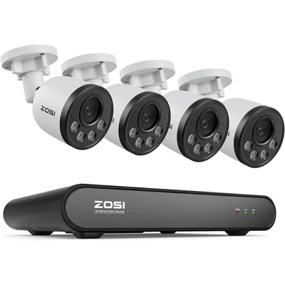 ZOSI PoE Security Camera System with 8CH 5MP NVR and 4Pcs HD Night Vision AI Person Vehicle Detection 4MP Security Camera for Home Office (No Hard Drive) - White