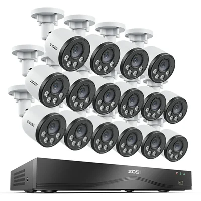 ZOSI PoE SikkerhedsKamera System med 16CH 8MP NVR og 16 stk Smarte Human Vehicle Detection 100ft Natte-syn 4MP Vandtætte IP Kameraer (uden Harddisk) - Hvid