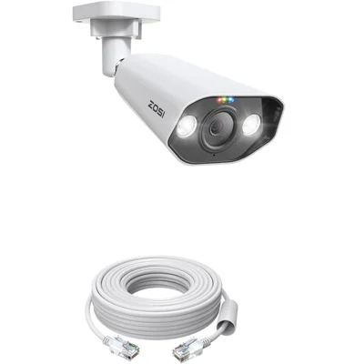 ZOSI 1Pc 4K PoE Add-on Camera 8MP AI Human Vehicle Detection Waterproof Color Night Vision Security Bullet Cam - White