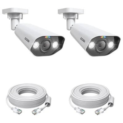 ZOSI 2Pcs 4K PoE Add-on Camera 8MP AI Human Vehicle Detection Waterproof Color Night Vision Security Bullet Cam - White