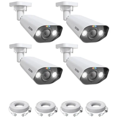 ZOSI 4 pièces 4K PoE Caméra complémentaire 8MP Détection IA Humain et Véhicule Étanche Vision nocturne couleur Caméra de sécurité - Blanc