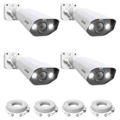 ZOSI 4Pcs 5MP PoE Add-on Camera AI Person / Vehicle Detection 2 Way Audio Starlight Night Vision 3K Bullet IP Cam with Sound Light Siren - White