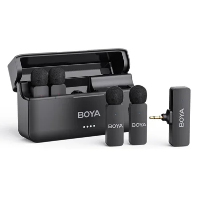 BOYA BY-V4 4 Channel Wireless Noise Reduction Lavalier Microphone System with Charging Case for DSLR Camera Live Streaming Vlog