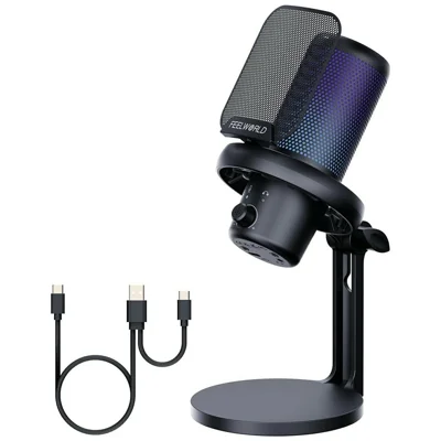 FEELWORLD VM1-XS USB-микрофон для игр, конденсаторный, с кардиоидной направленностью, с RGB-подсветкой и настольной подставкой — черный