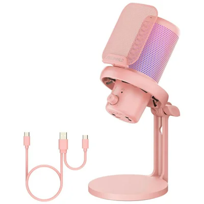 FEELWORLD VM1-XS-P USB Gaming Microphone One Touch Mute / Noise Cancellation RGB Light Cardioid Desktop Stand - Pink