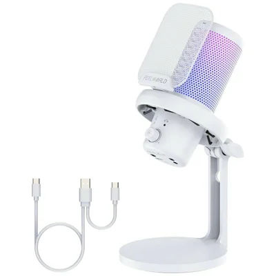 FEELWORLD VM1-XS-W USB-микрофон для игр с функцией шумоподавления одной кнопкой, кардиоидный, с RGB-подсветкой, настольная подставка — белый