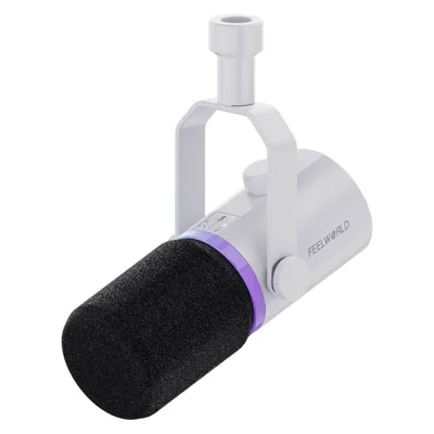Microfono Dinamico FEELWORLD PM1-W XLR / USB per Podcast, Gaming, Streaming, Registrazione con Illuminazione RGB - Bianco