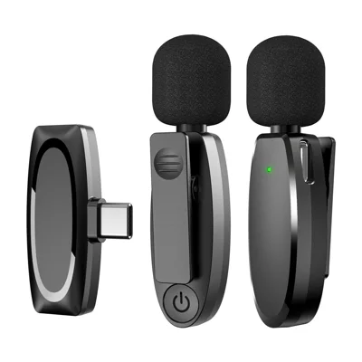 AP004 2Pcs Wireless Lavalier Microphone with Type-C Receiver Clip-on Mic for Phone Live Streaming Recording - Black