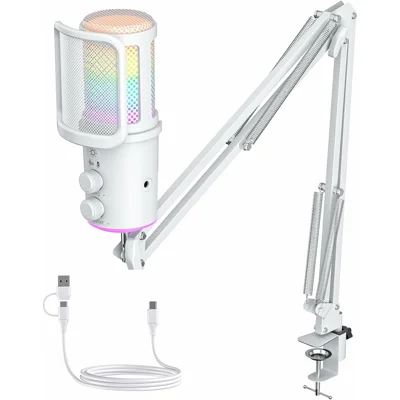 Microphone à condensateur ONIKUMA M530 USB avec réduction de bruit et éclairage RGB pour streaming - Blanc