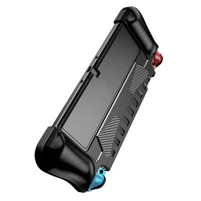 For Nintendo Switch OLED Game Console Case Carbon Fiber Texture Anti Drop Protective Cover with Stand - Black
