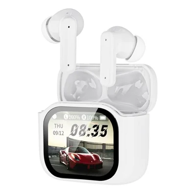 Écouteurs Bluetooth 5.4 avec écran tactile, contrôle tactile, traduction IA 130 langues, casque intra-auriculaire pour voyages et affaires - Blanc
