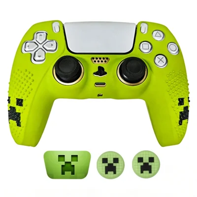 For Sony PlayStation 5 DualSense Controller Silicone Protective Case with Joystick Caps and Stickers Set - Green
