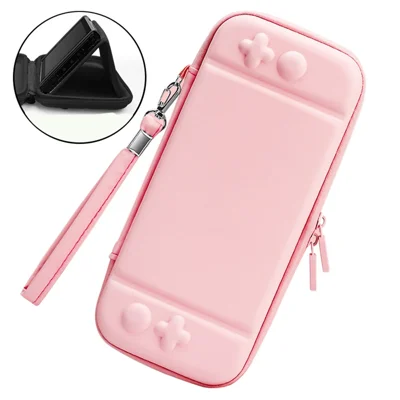 Solid Color Portable Storage Bag for Nintendo Switch Shock-resistant PU Leather Carrying Case with Stand Function and Carrying Strap - Pink