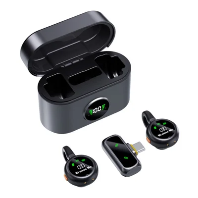 QY90 Wireless Lavalier Microphone Kit with Charging Case Type-C 2.4G Ultra Low Latency Digital Display Lavalier Mic (2 Microphones+1 Receiver) - Black
