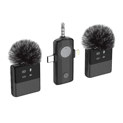MS11 3-in-1 Clip-on Lavalier Microphone Recording Noise Cancelling Wireless Lavalier Mic for Live Streaming (2 Microphones+1 Receiver) - Black