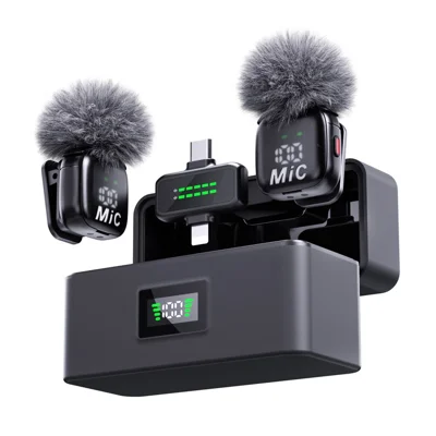 QY33 2.4GHz Dual-Mic Wireless Lavalier Microphone, iP + Type-C Receiver, ANC Noise Reduction, LED Display, 360-Degree Pickup - Black