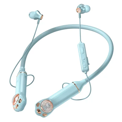 K1692 Écouteurs sans fil Bluetooth avec réduction de bruit, montage autour du cou, style capsule spatiale avec lumière RGB, pour chat - Bleu