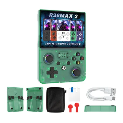 R36MAX2 64GB Open Source Handheld Game Console 4.5 inch IPS Screen Dual Joysticks Arcade GBA Retro Gaming Player - Transparent Green