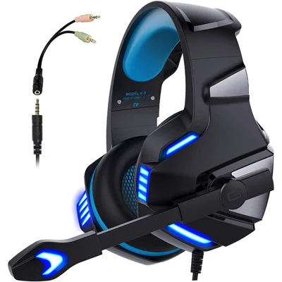 KOTION EACH V-3 Wired Gaming Headset for PS4 / PS5 LED Light Heavy Bass Over-Ear Headphone with Adapter Cable - Black+Blue