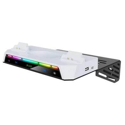 Base di Ricarica con Supporto a Muro YZC-505 per Sony PlayStation 5 Slim / PS5 / PS 5 Digital Edition, Caricabatterie per Controller con RGB, Gancio per Cuffie - Come Illustrato